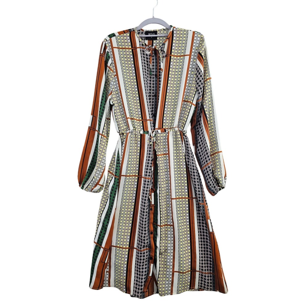 WEEK& Geometric Print Midi Dress Womens Small Multi Excellent Retro Tie Neck